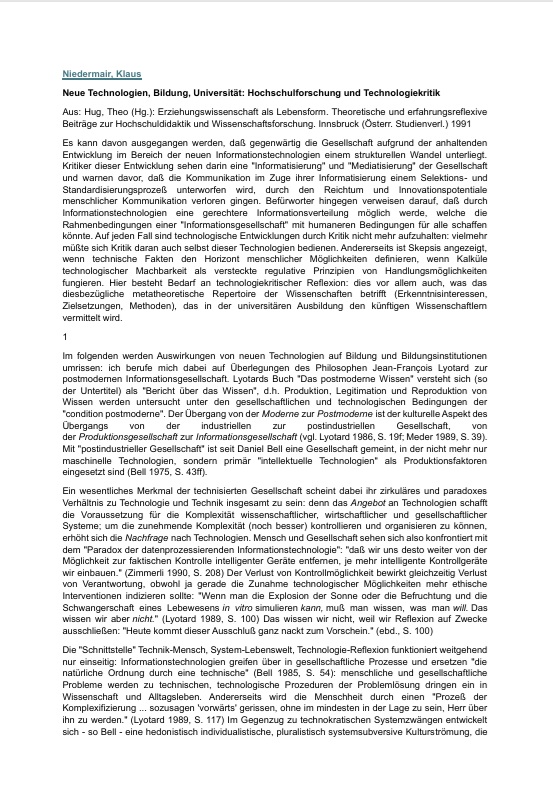 Niedermair, Klaus: Neue Technologien, Bildung, Universität: Hochschulforschung und Technologiekritik