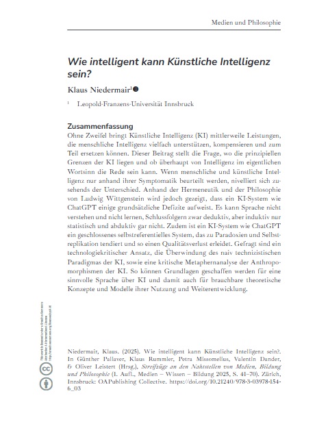 Niedermair, Klaus: Wie intelligent kann Künstliche Intelligenz sein?