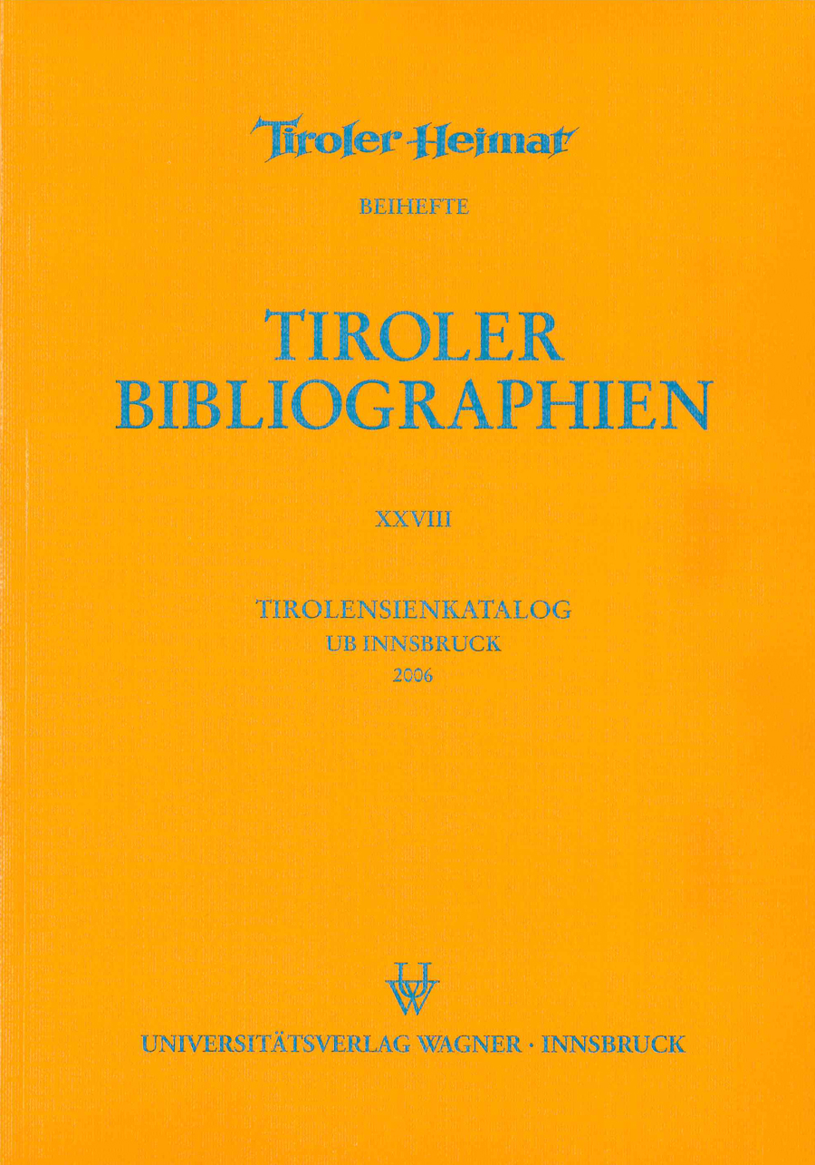 Niedermair, Klaus (Hrsg.): Tirolensienkatalog. Zuwachsverzeichnis der UB Innsbruck für das Jahr 2002(Tiroler Bibliographien. Band 24)ISBN 978-3-7030-0712-5